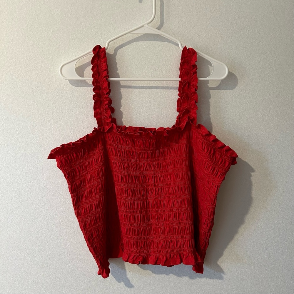 Old Navy red lettuce hem detail ruched smocked crop tank top